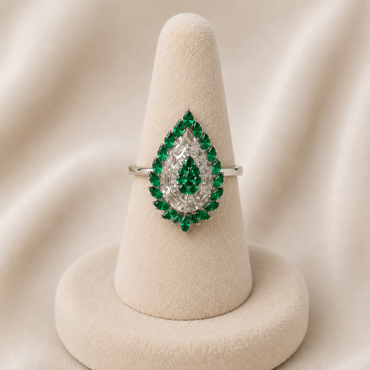 Emerald Green & Silver Teardrop Halo Ring
