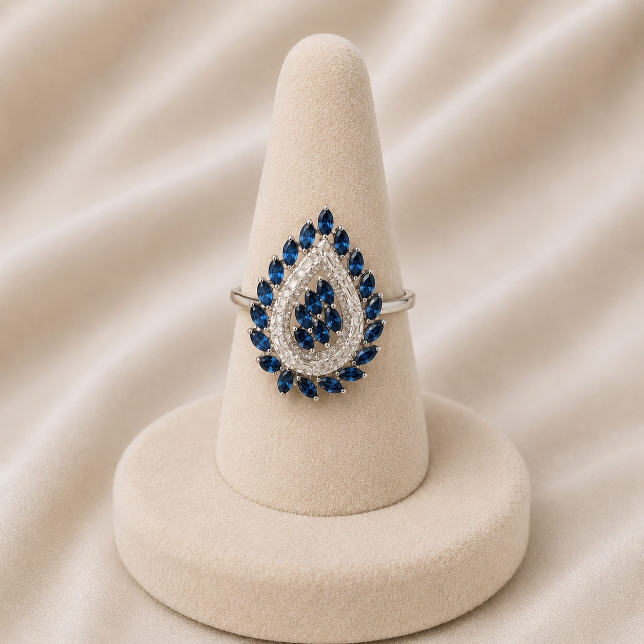 Sapphire Blue & Silver Teardrop Halo Ring