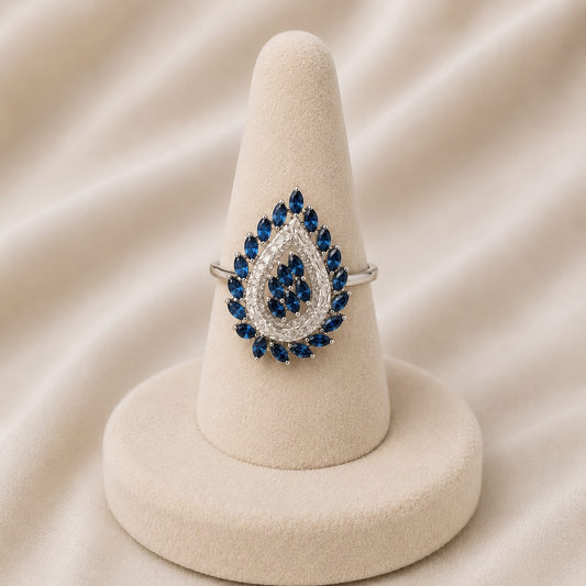 Sapphire Blue & Silver Teardrop Halo Ring