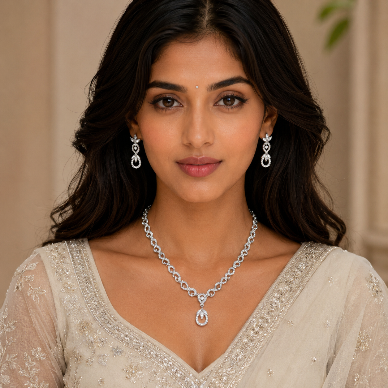 Shiny Silver Crystal Ribbon Jewelry Set