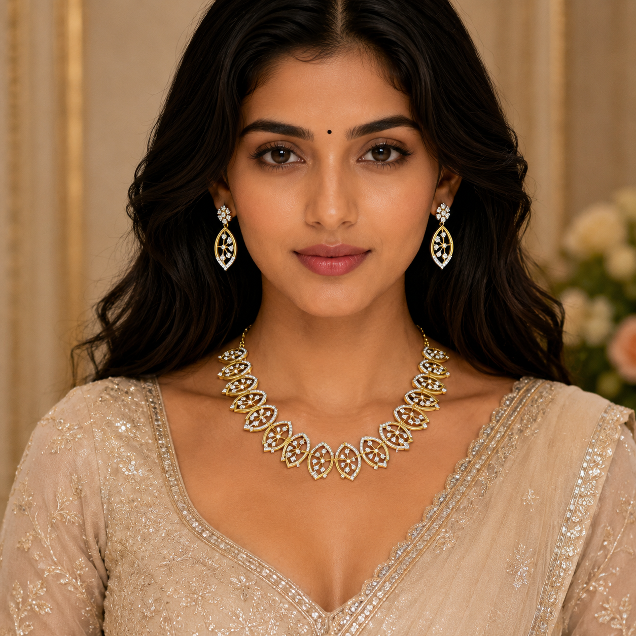 Gold and Diamond Leaf Style Jewelry Set