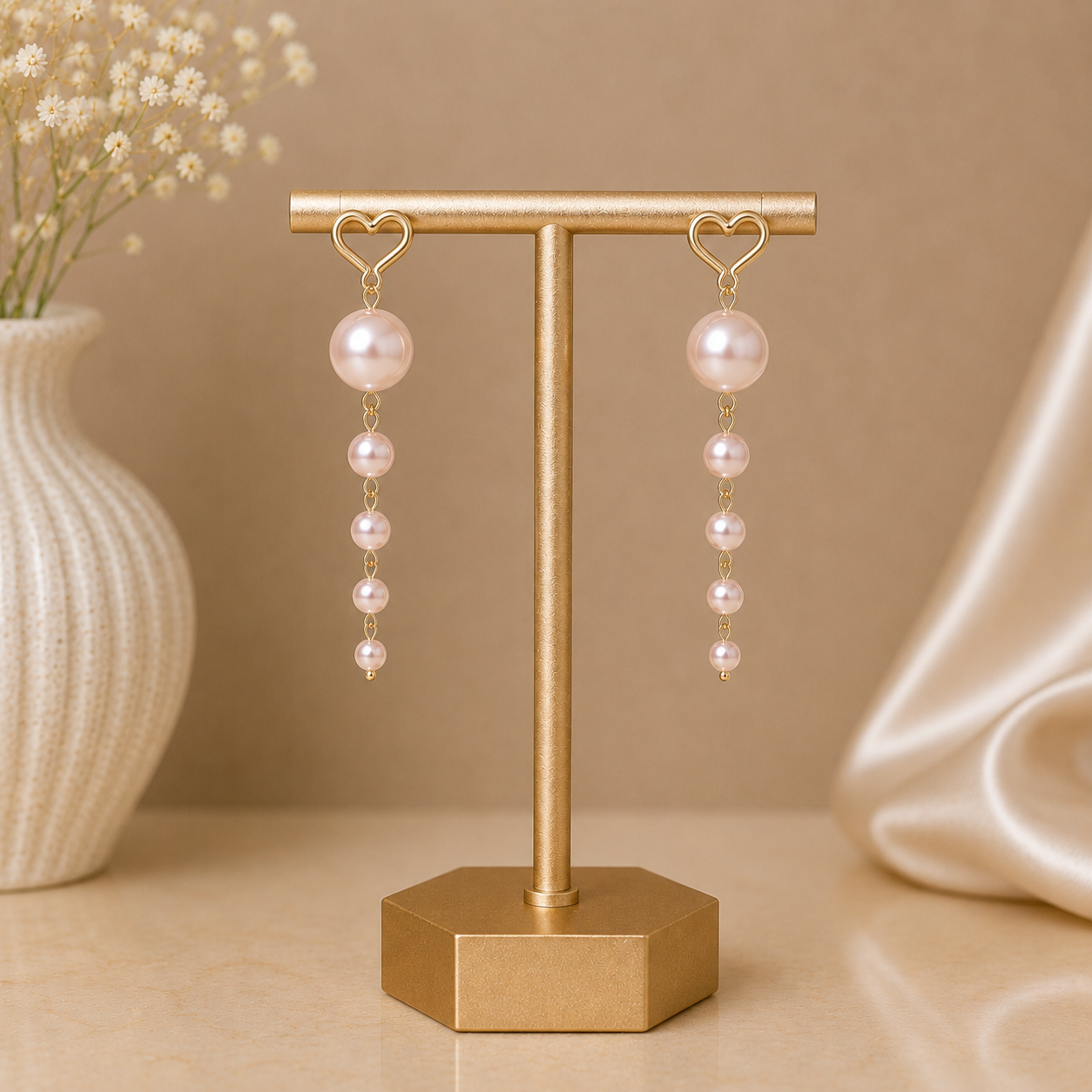 Gold Heart & Pearl Drop Earrings