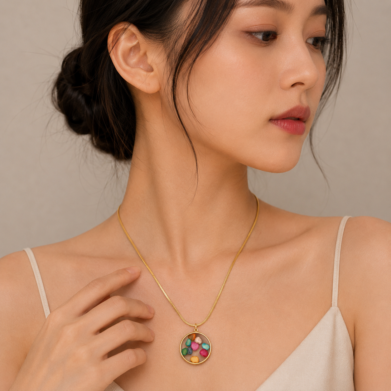 Anti-Tarnish Gold Multi-Colored Resin Stone Necklace
