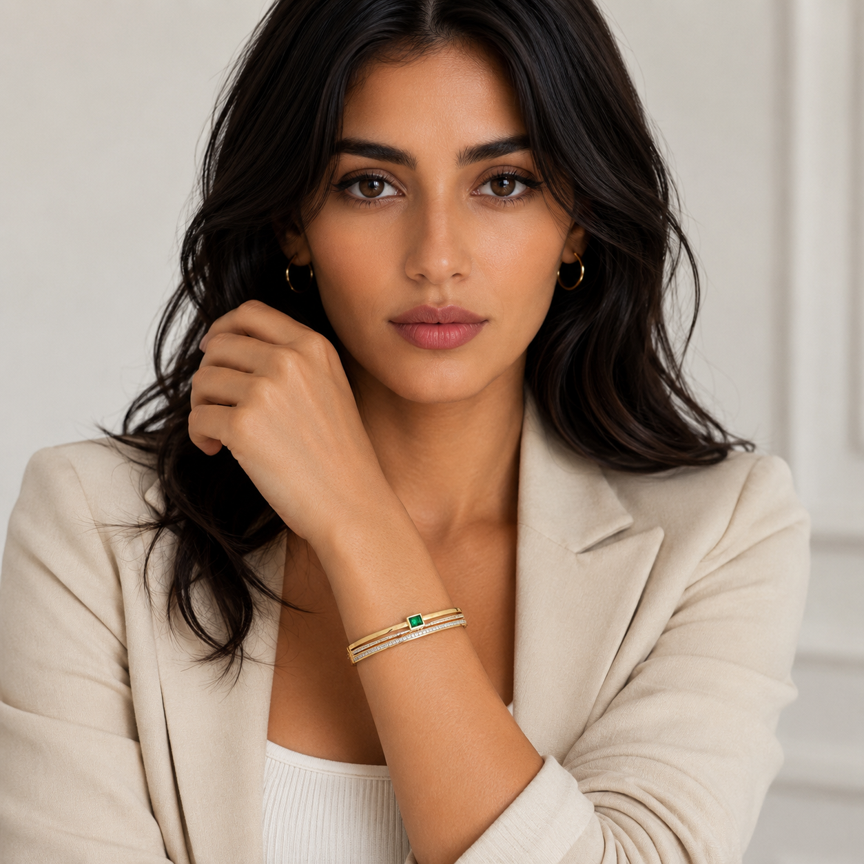 Anti-Tarnish Gold Bangle with Emerald Green Crystal