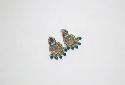 Antique Gold Deep Teal Chandbali Earrings