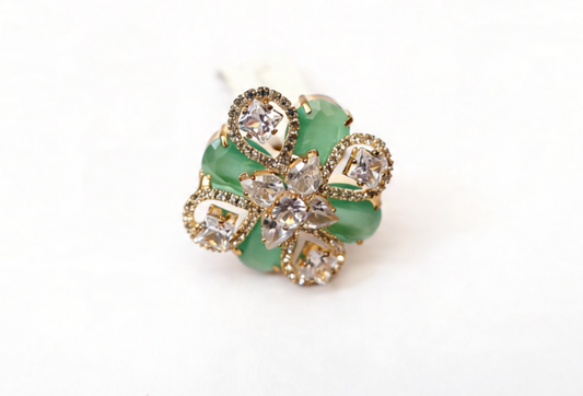 Golden Seafoam Mint & Crystal Blossom Statement Ring