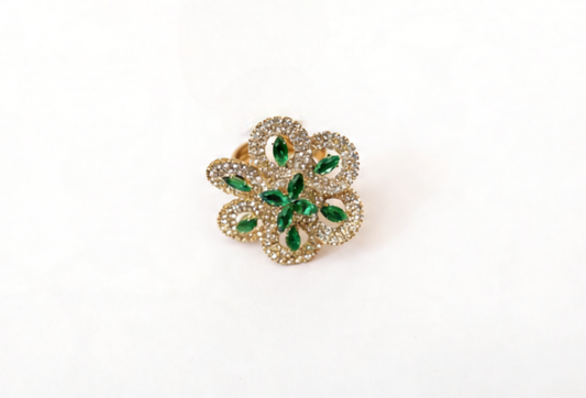 Golden Emerald Bloom Crystal Statement Ring
