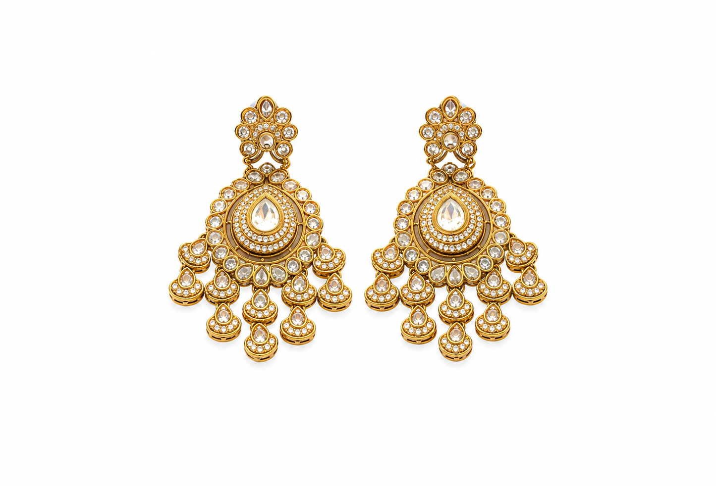 Antique Gold & Champagne Polki Chandelier Drop Earrings