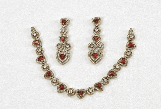 Antique Gold Jewelry Set with Red Ruby Crystals