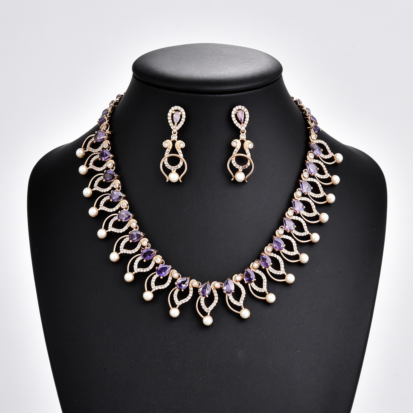 Rose Gold Purple Crystal and Pearl Jewelry Set