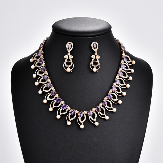 Rose Gold Purple Crystal and Pearl Jewelry Set