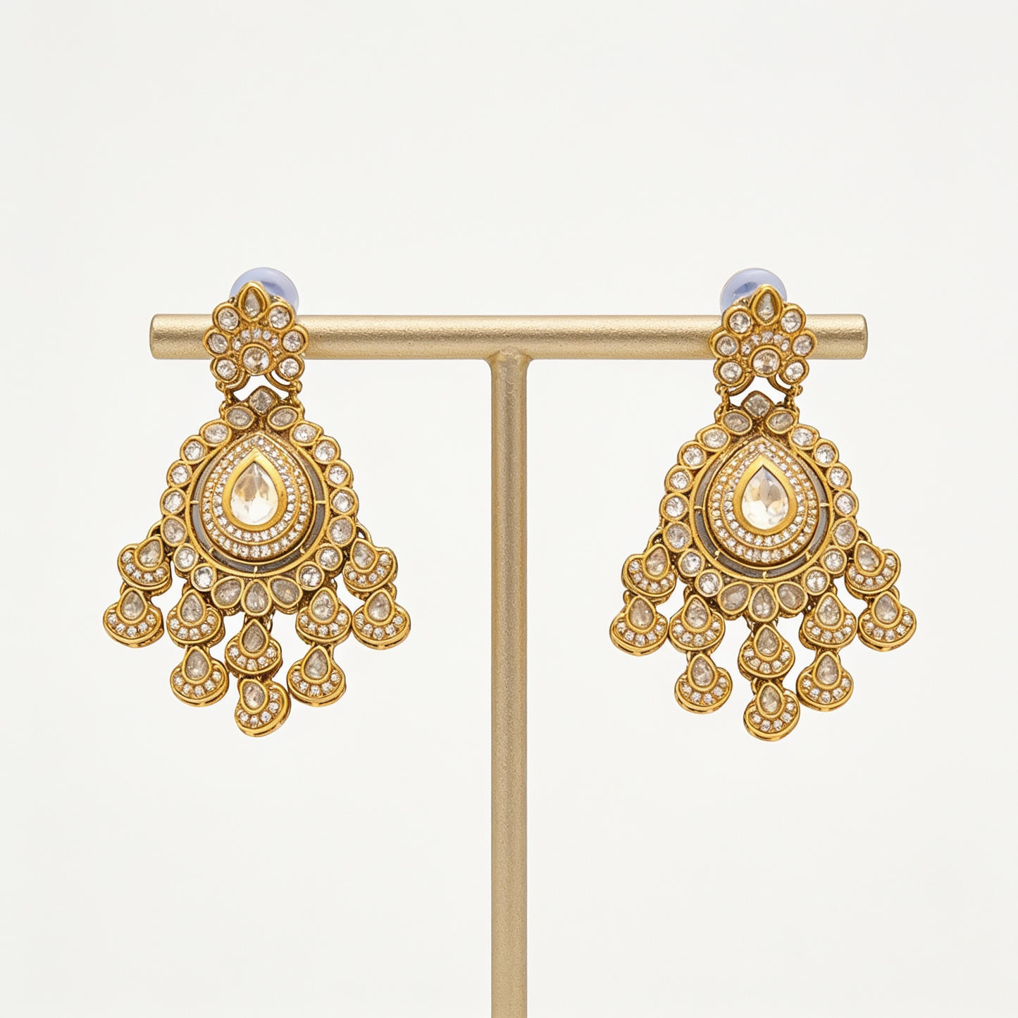 Antique Gold & Champagne Polki Chandelier Drop Earrings