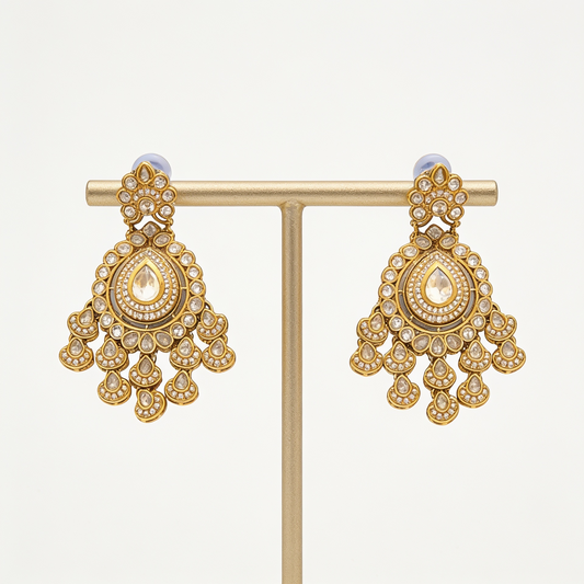 Antique Gold & Champagne Polki Chandelier Drop Earrings