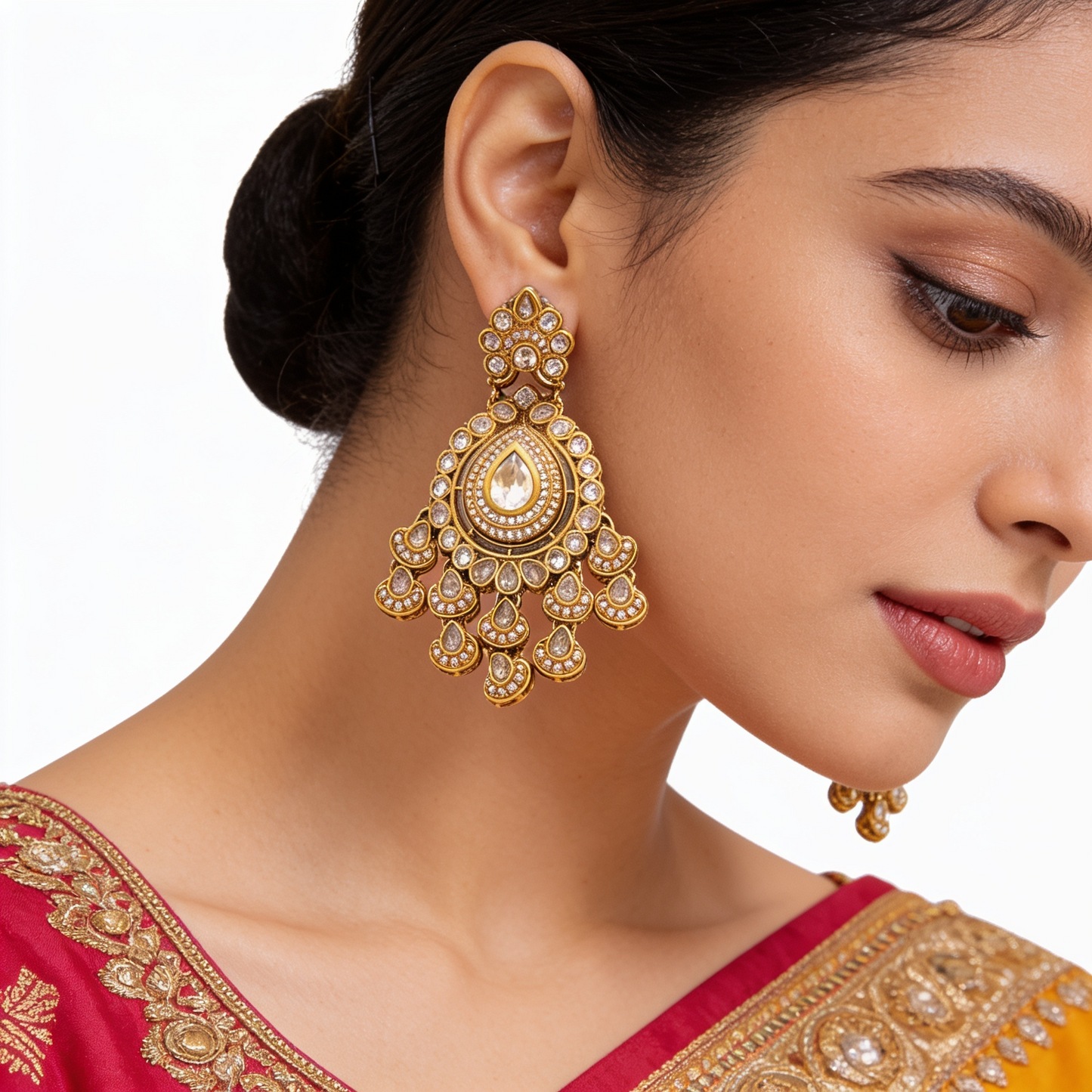 Antique Gold & Champagne Polki Chandelier Drop Earrings
