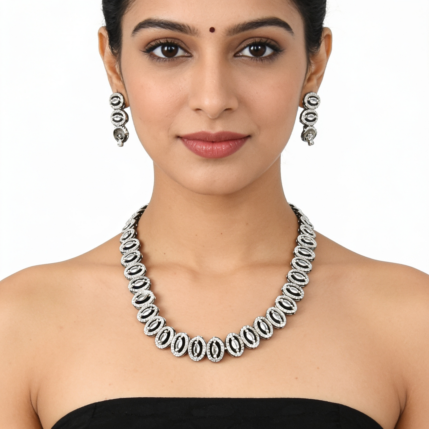Shiny Silver Crystal Oval Jewelry Set