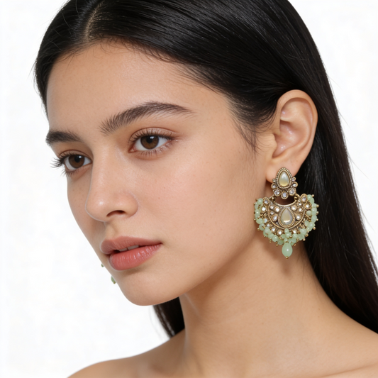 Antique Gold Sage Green Chandbali Earrings