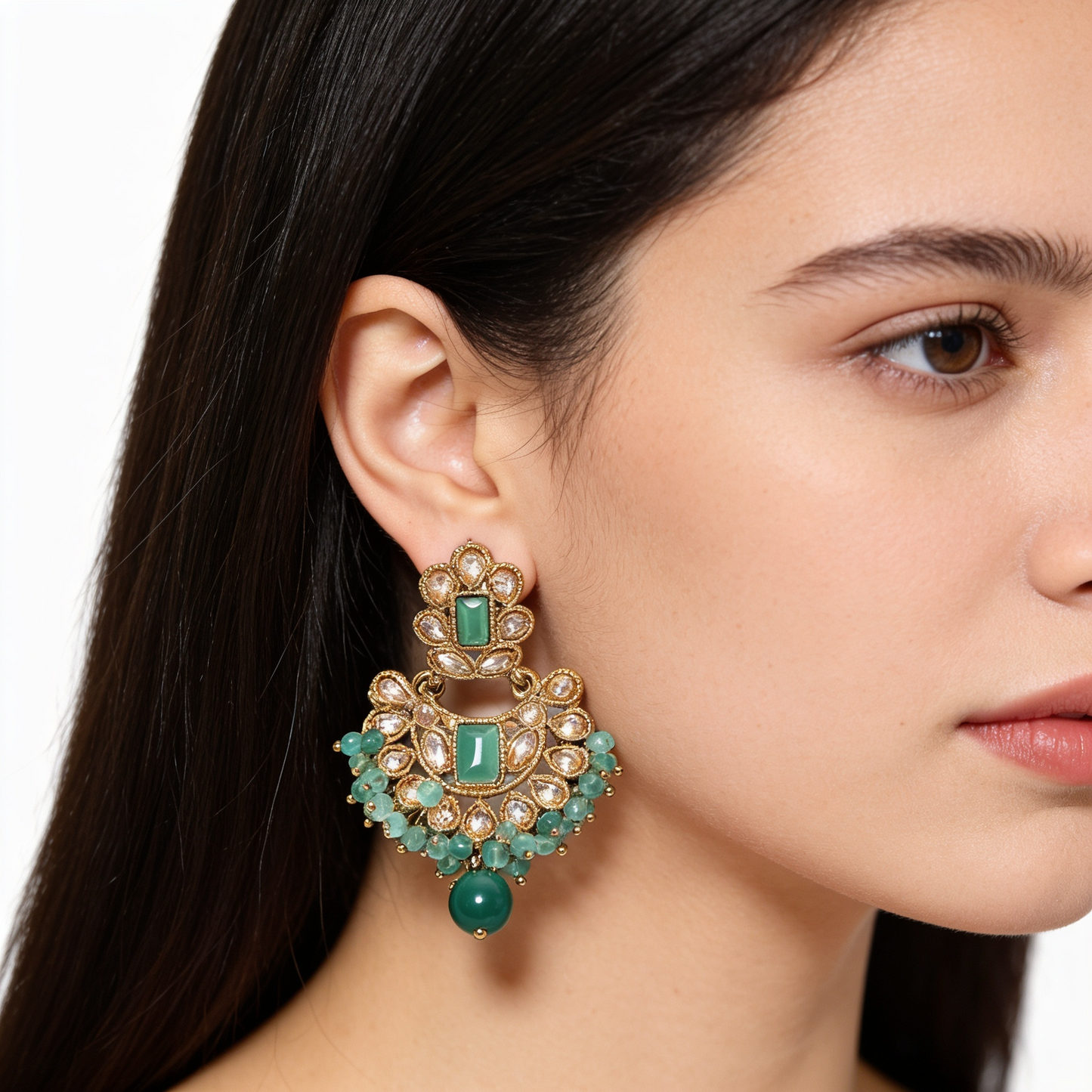 Antique Gold Emerald Green Polki Chandbali Earrings
