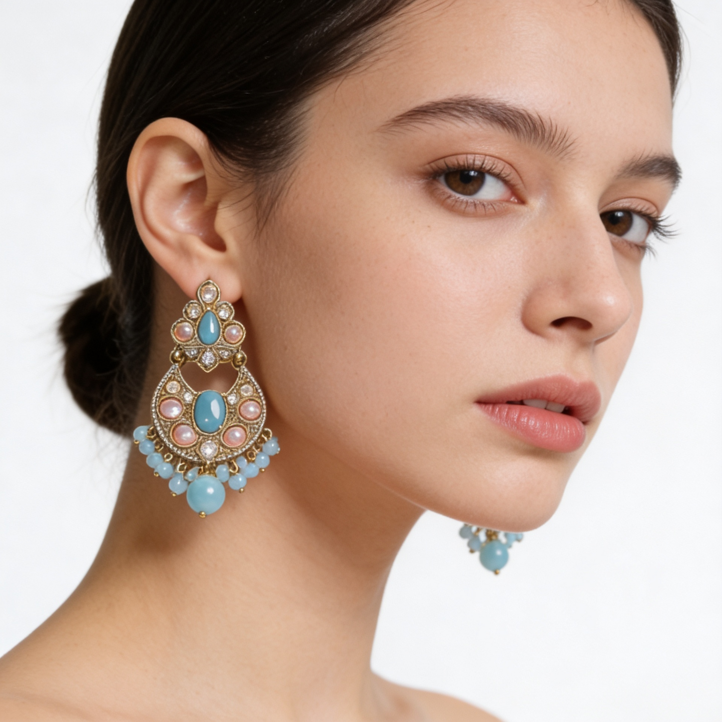 Antique Gold Turquoise & Pearl Chandbali Earrings