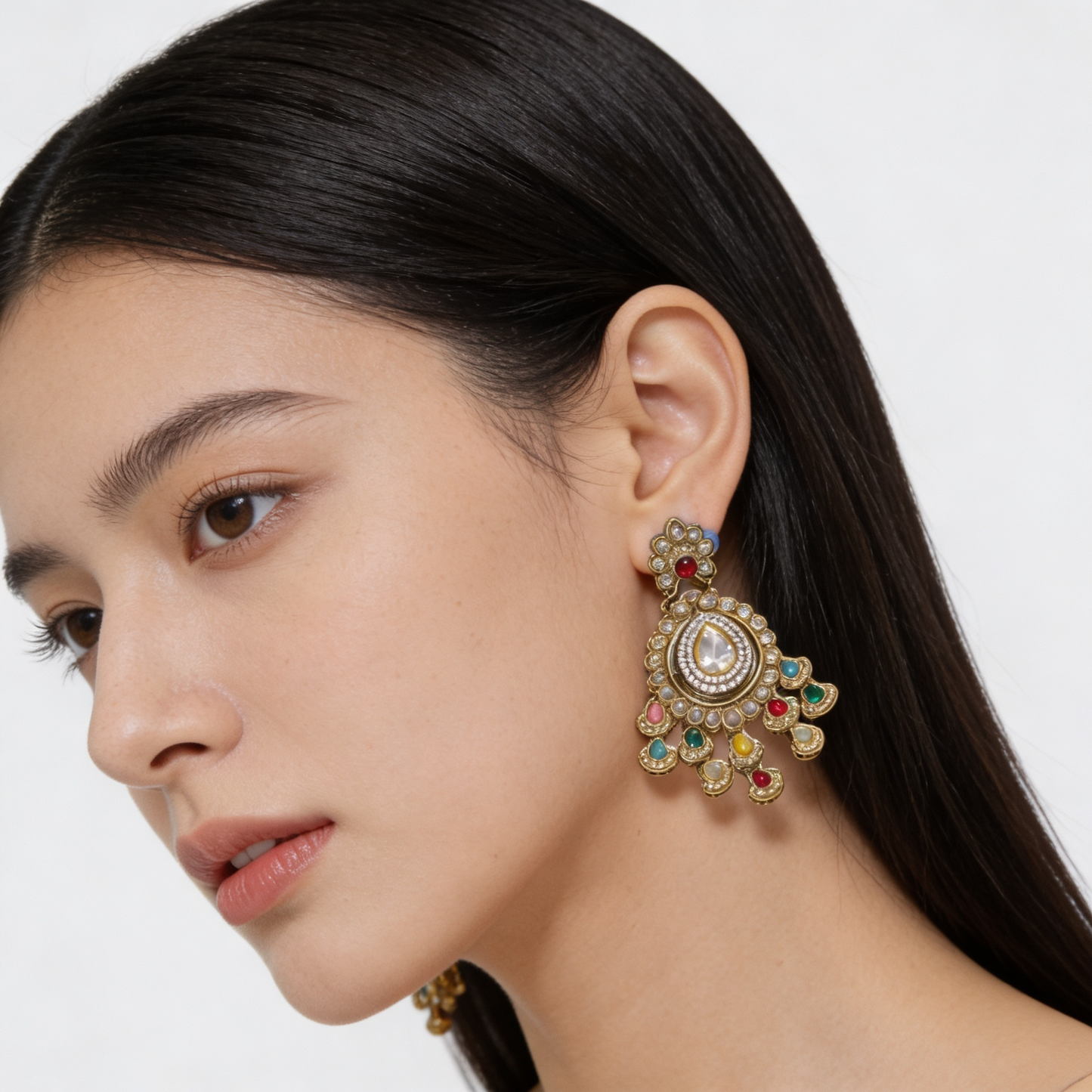 Antique Gold Kundan & Multi-Stone Chandelier Earrings