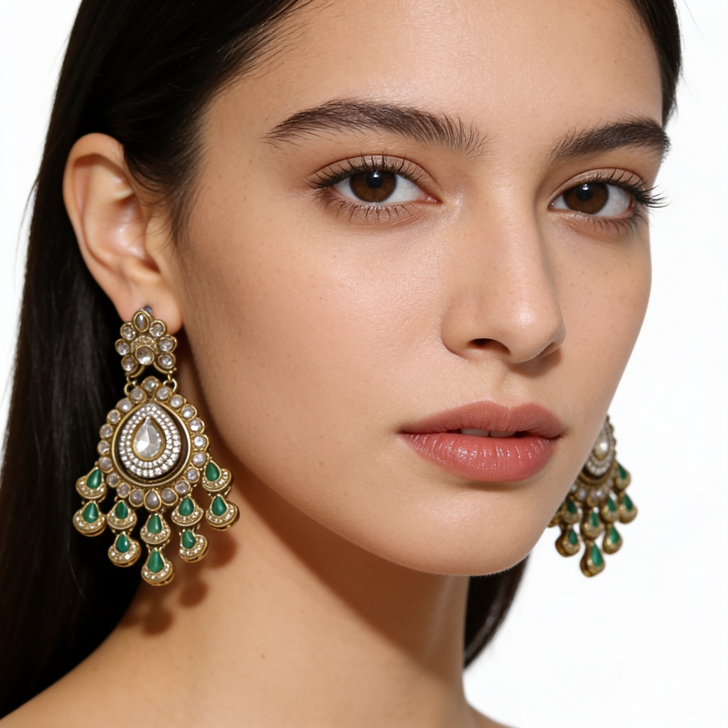 Antique Gold & Emerald Green Chandelier Statement Earrings