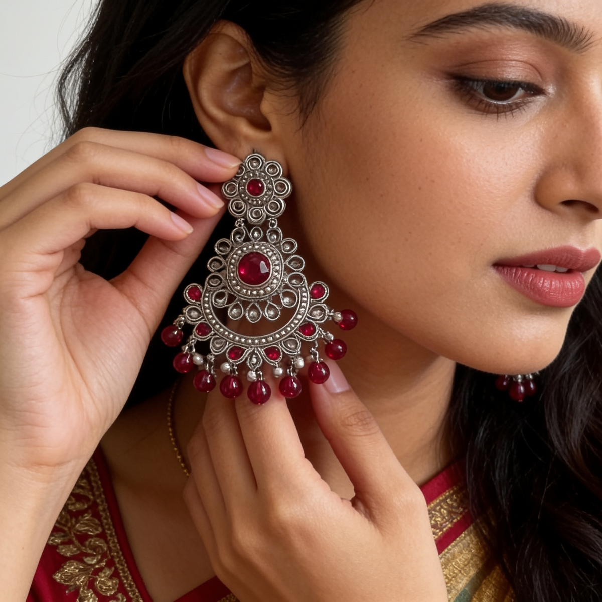 Silver-Plated Deep Magenta Statement Dangles