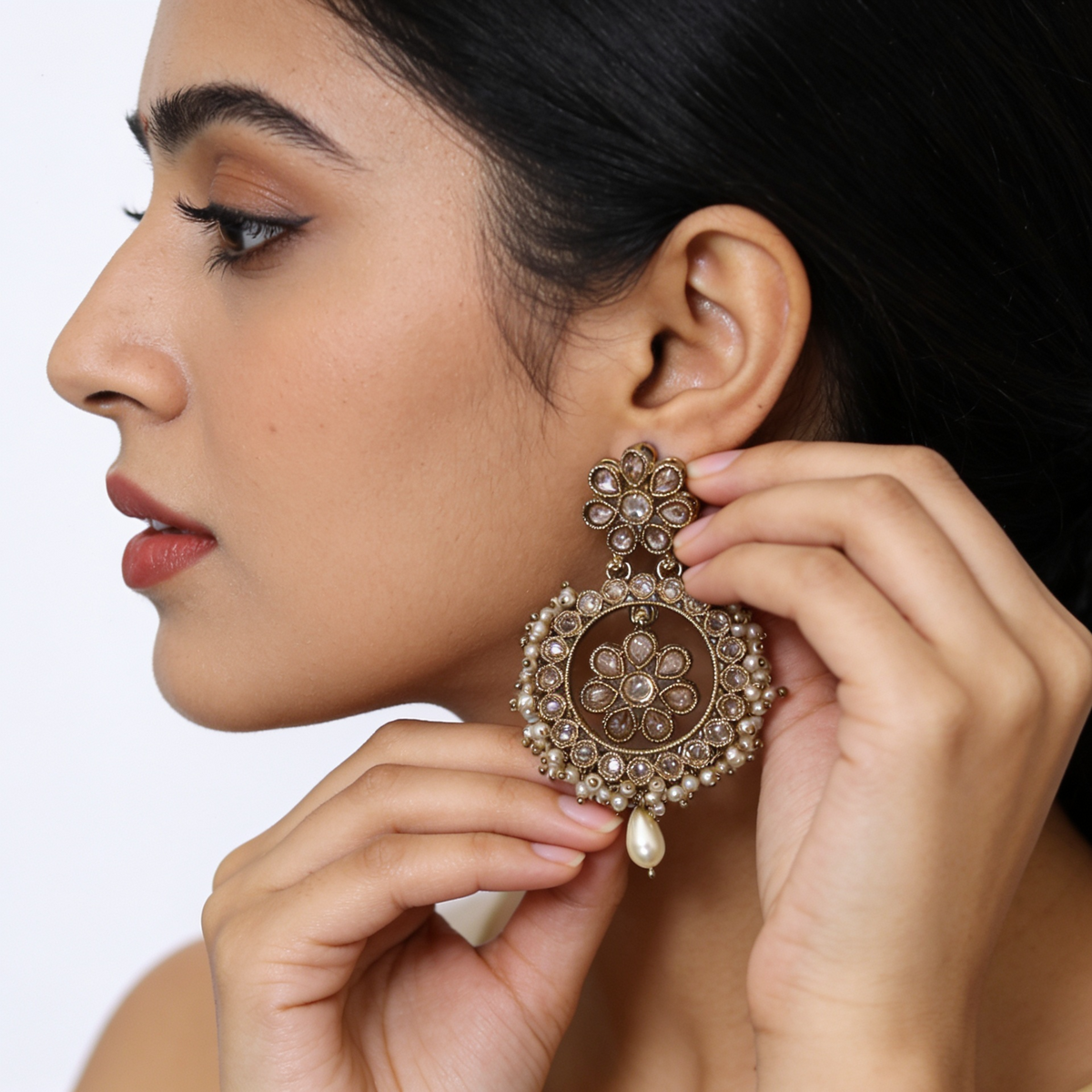Antique Gold Polki & Pearl Chandbalis