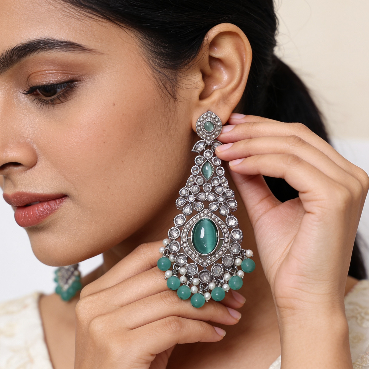 Silver-Plated Pastel Green Stone Chandelier Dangles