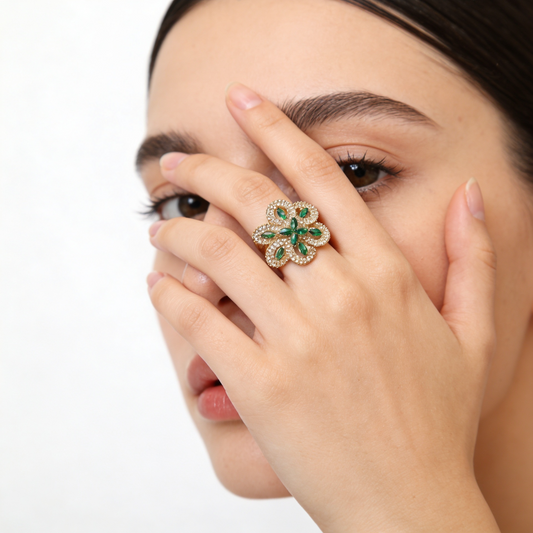 Golden Emerald Bloom Crystal Statement Ring