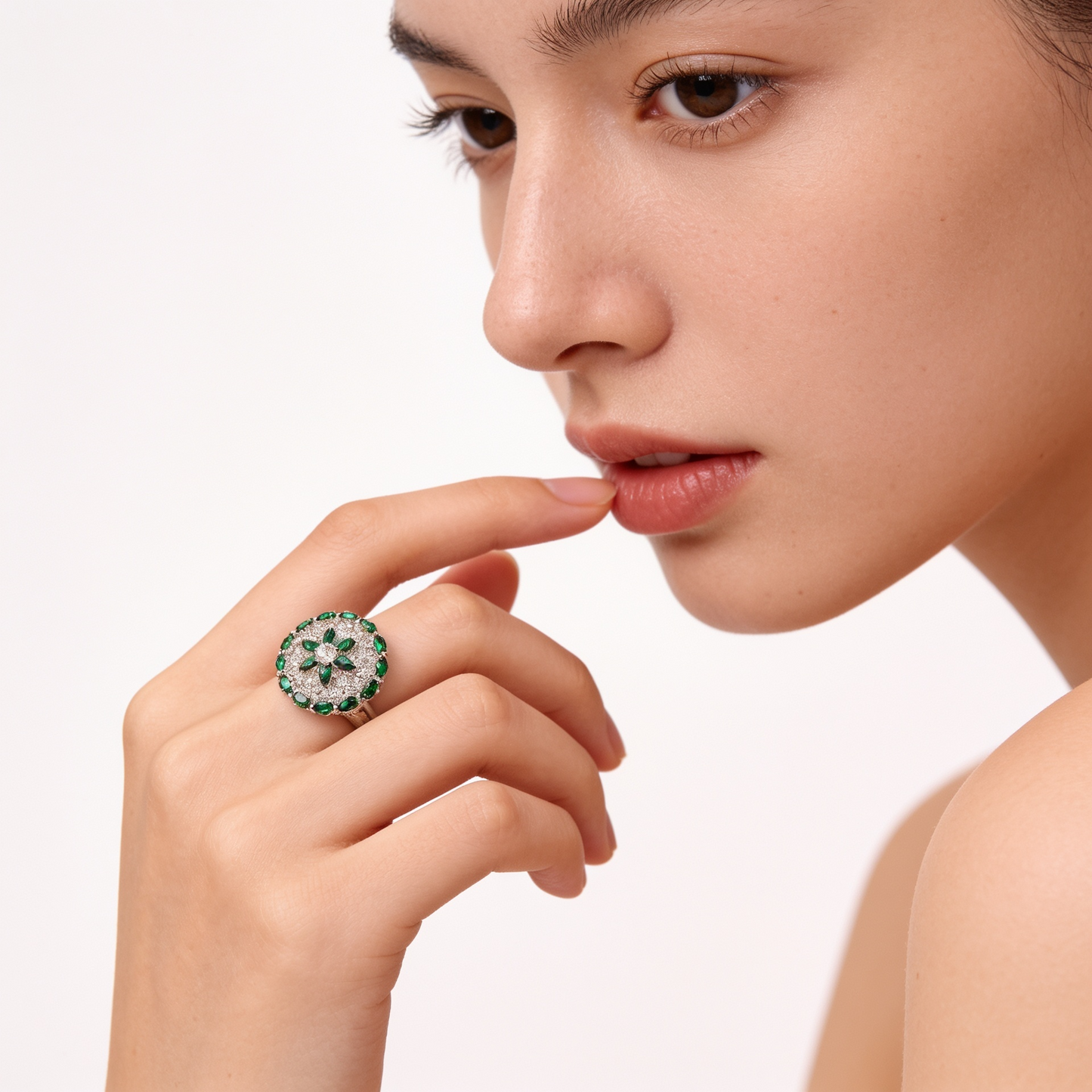 Silver Emerald Starlight Dome Ring