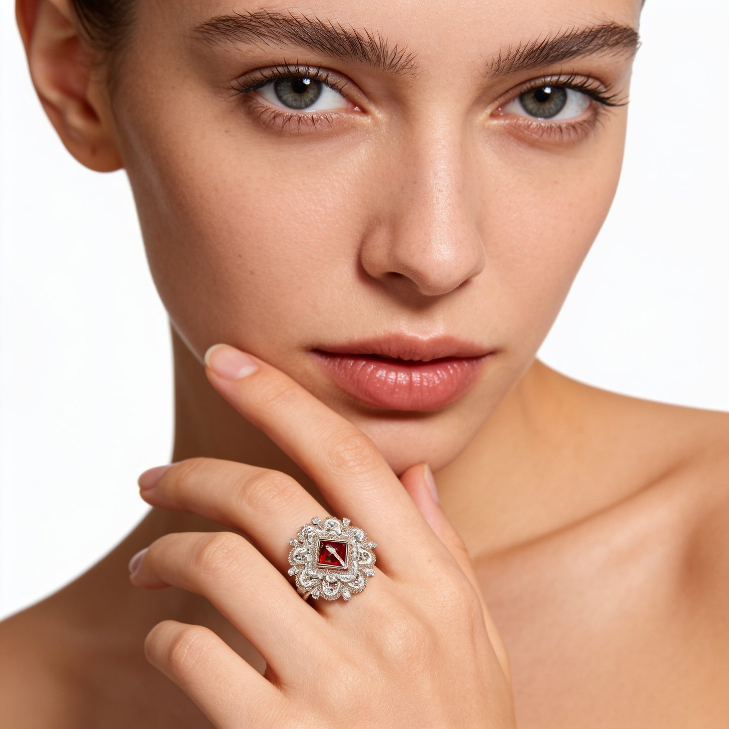 Golden Crimson Square Bloom Statement Ring