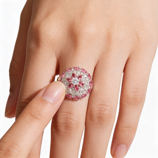 Silver Rose Quartz Blossom Dome Ring