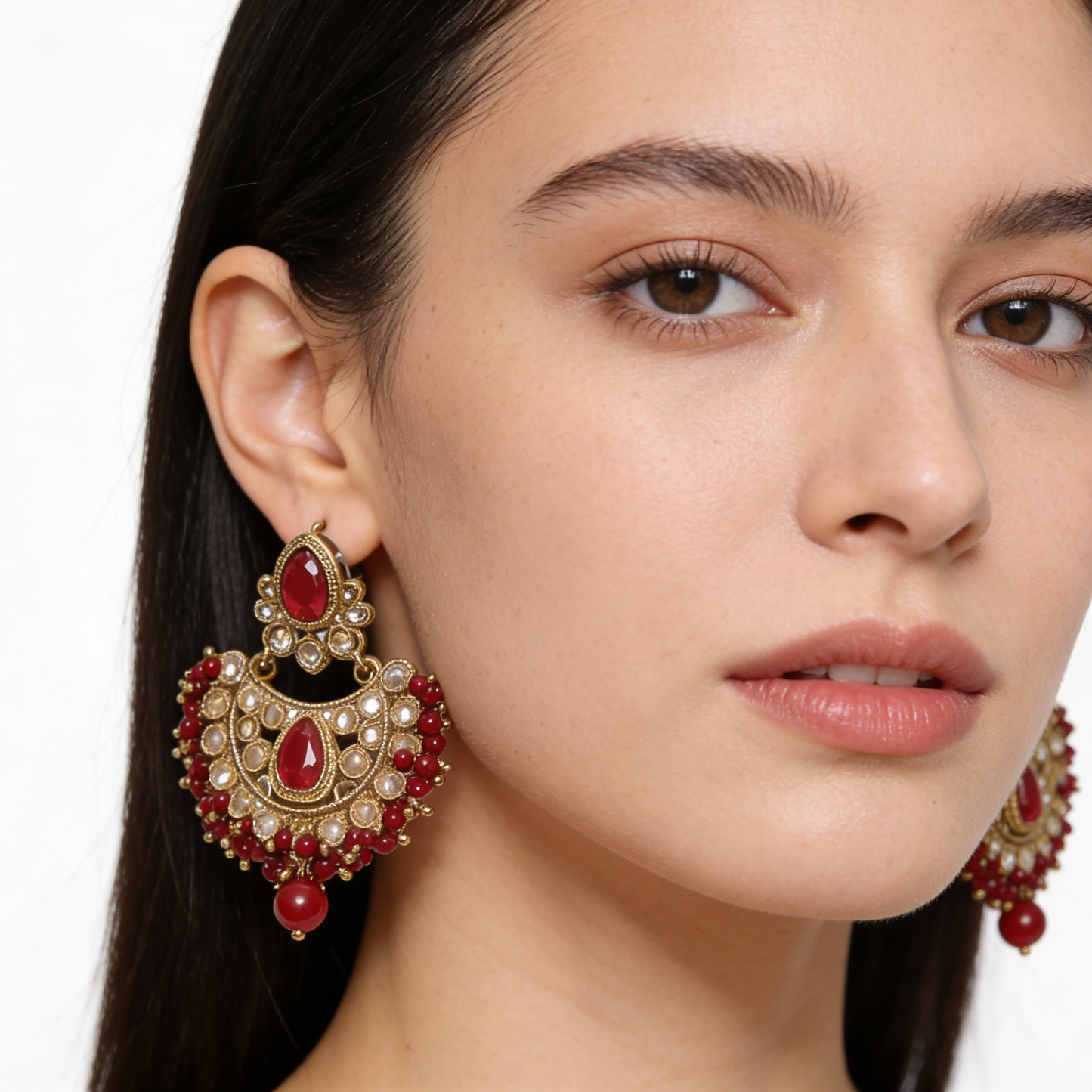 Antique Gold Ruby Red Polki Chandbali Earrings