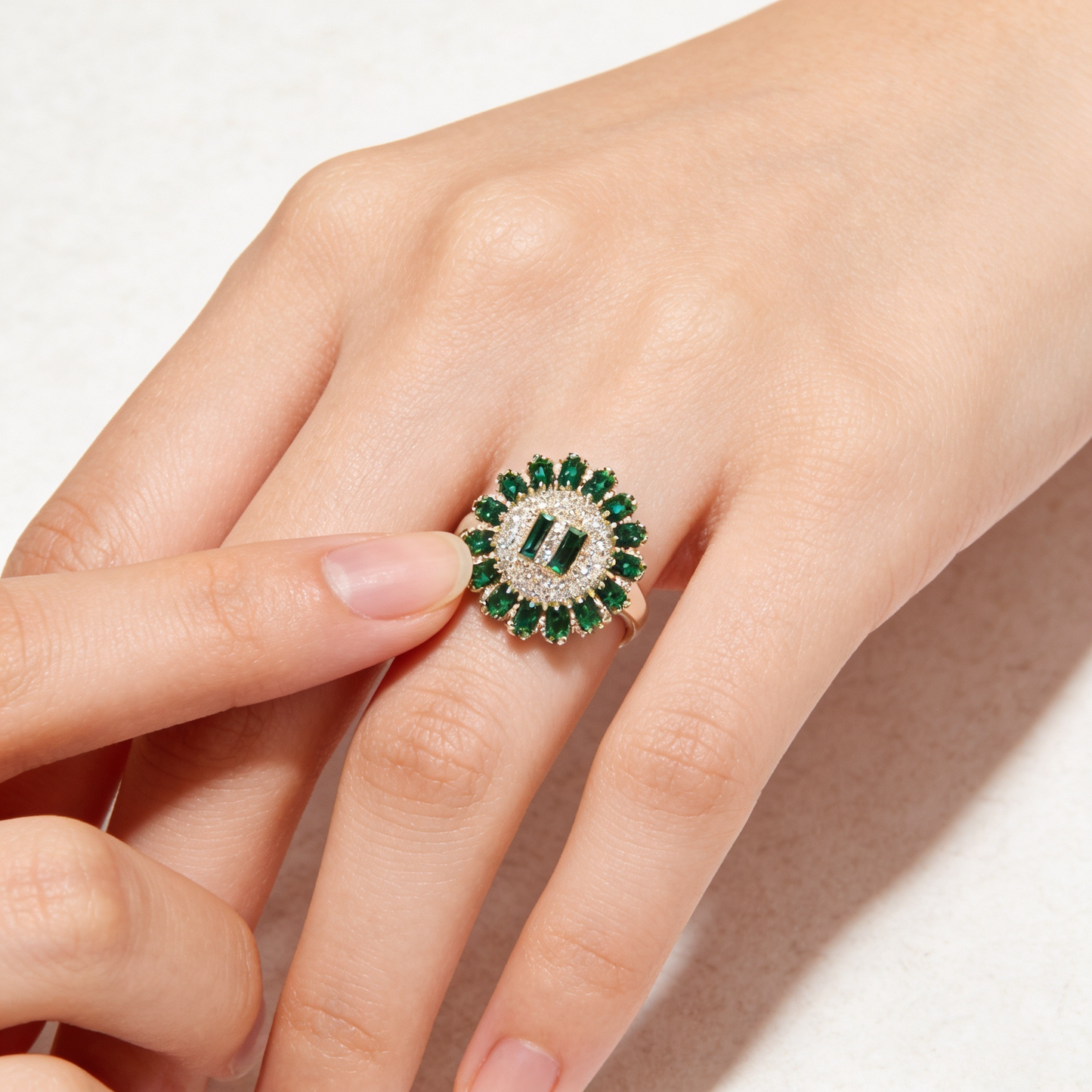 Emerald Green & Gold Radial Sunflower Ring