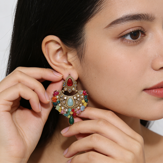 Antique Gold Multi-Color Chandbali Earrings
