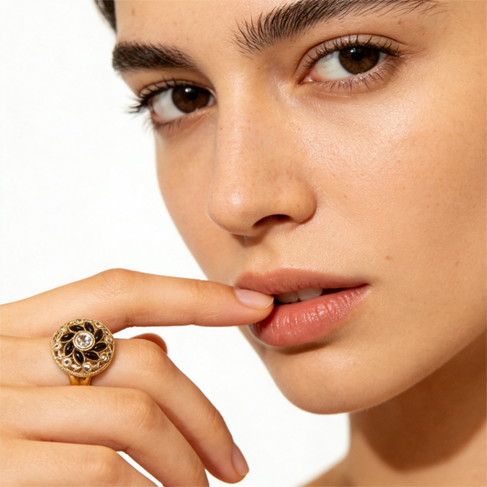 Antique Gold & Onyx Black Floral Medallion Ring