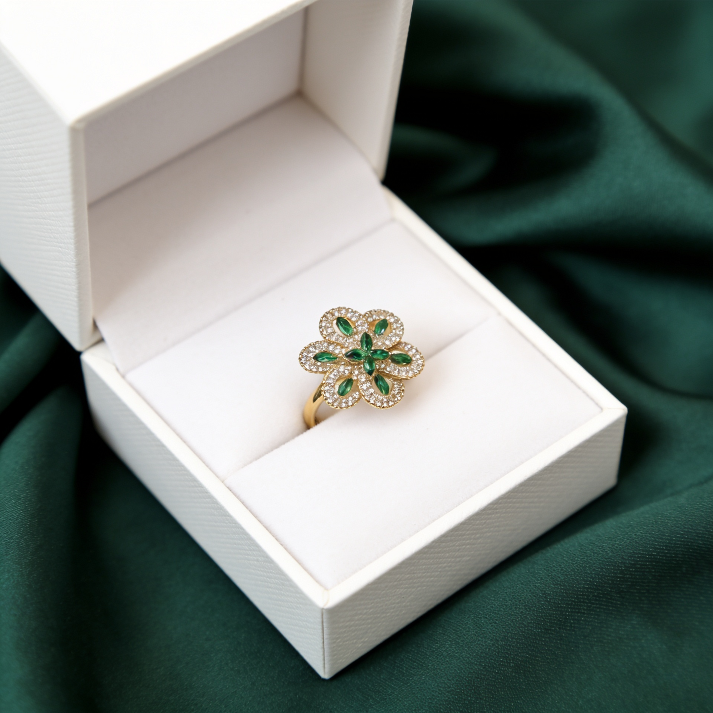 Golden Emerald Bloom Crystal Statement Ring